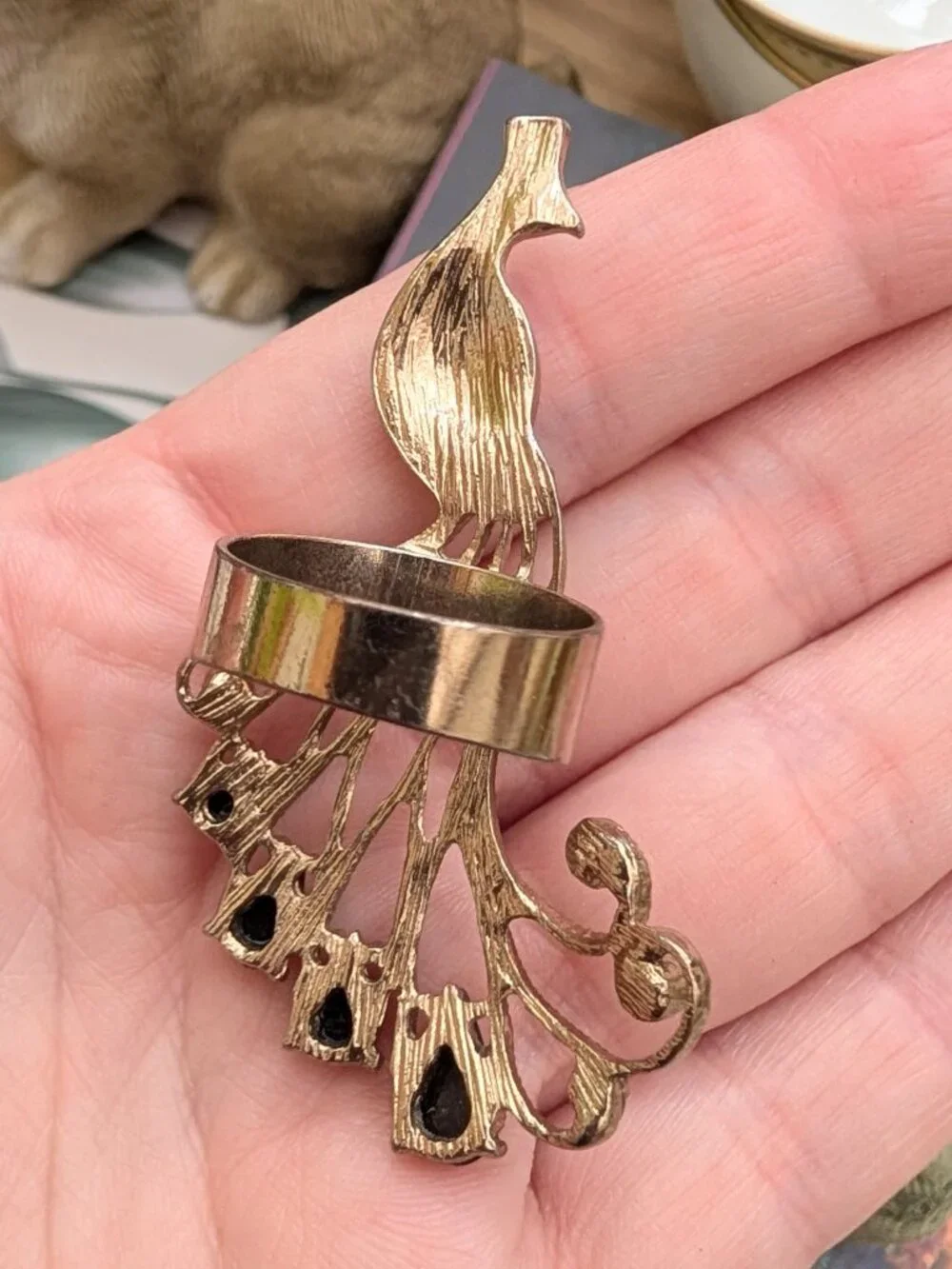 Vintage Peacock Statement Ring with Rhinestones, size 8